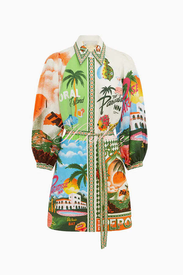 Summer Sophistication Linen Blend Unique Print Belted Pocket Shirt Mini Dress-tidenox