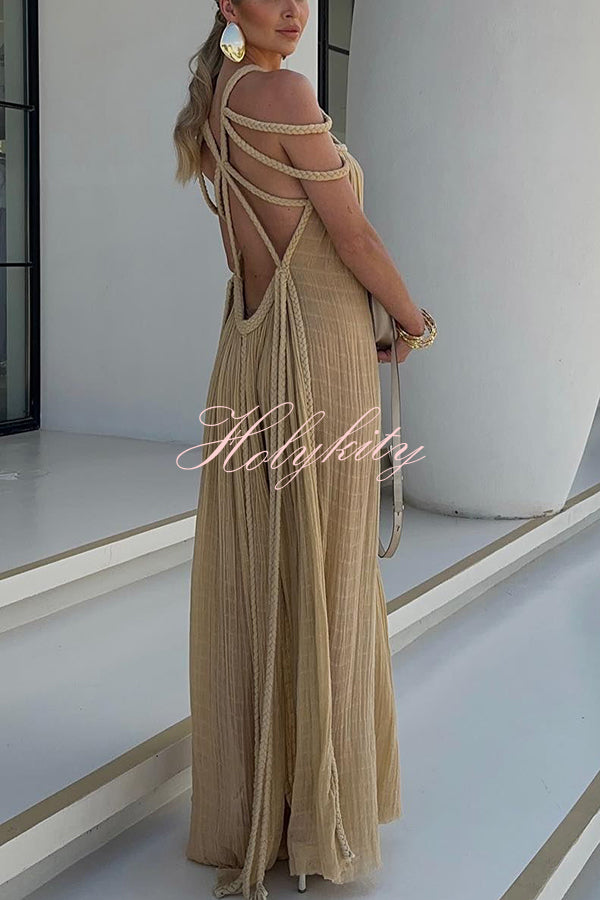 Modern and Sophisticated Linen Blend Draped Braids Cover Up Maxi Dress-tidenox