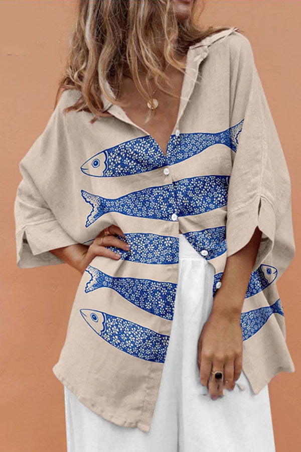 Unique Marine Print Casual Loose Shirt Top-tidenox