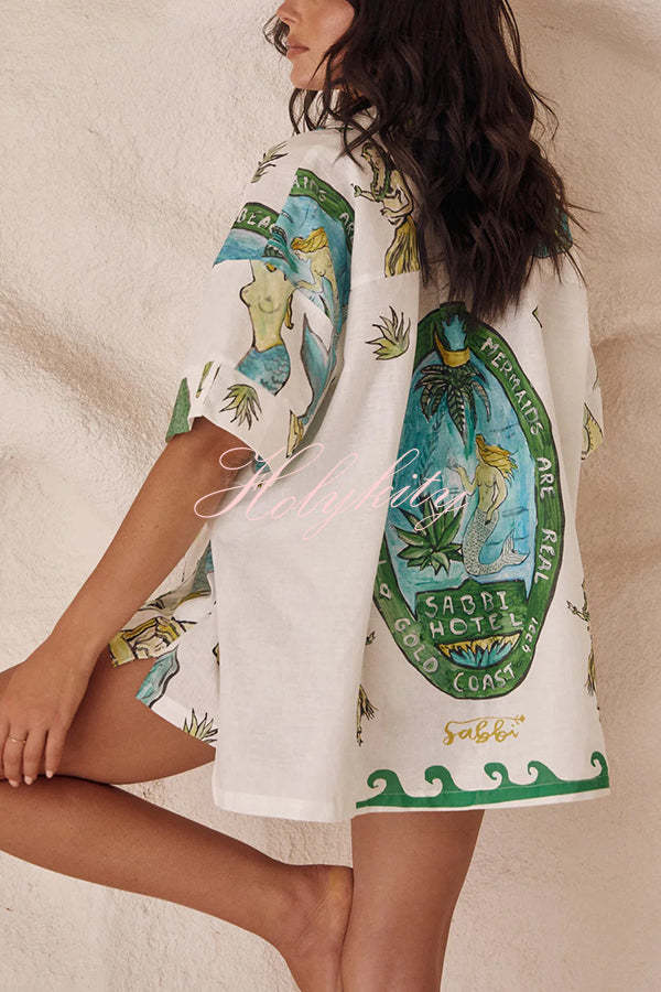 Linen Blend Mermaid Print Shirt Top and Elastic Waisted Loose Shorts Set-tidenox