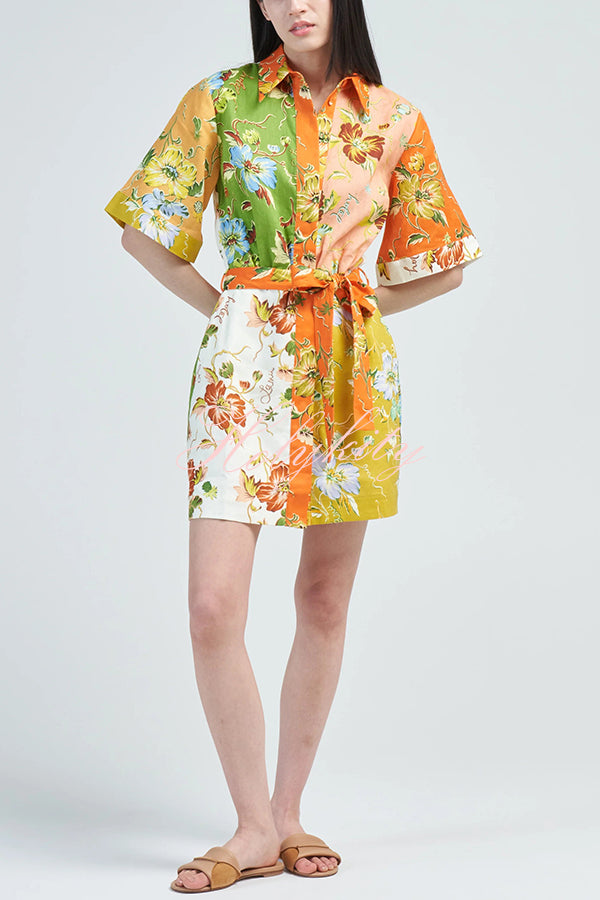 Kienna Linen Blend Unique Floral Print Tie-waist Mini Dress-tidenox