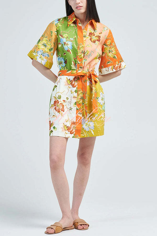 Kienna Linen Blend Unique Floral Print Tie-waist Mini Dress-tidenox