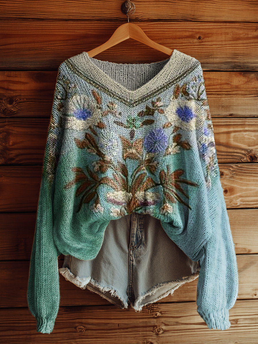 Women's Bohemian Floral Art Print Casual Pullover Sweater-tidenox