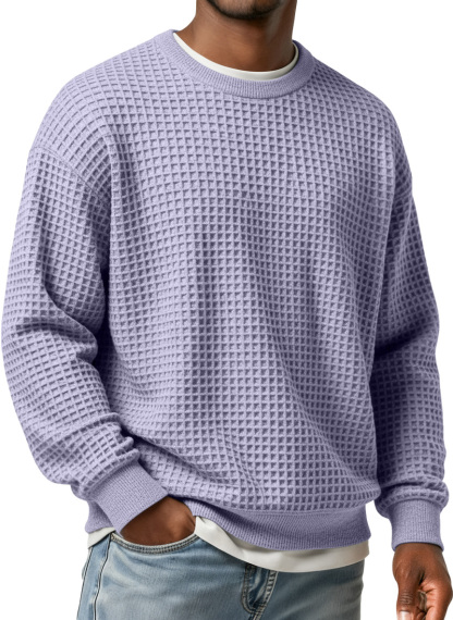 Men's Simple Waffle Round Neck Loose Casual Long-sleeved T-shirt-tidenox