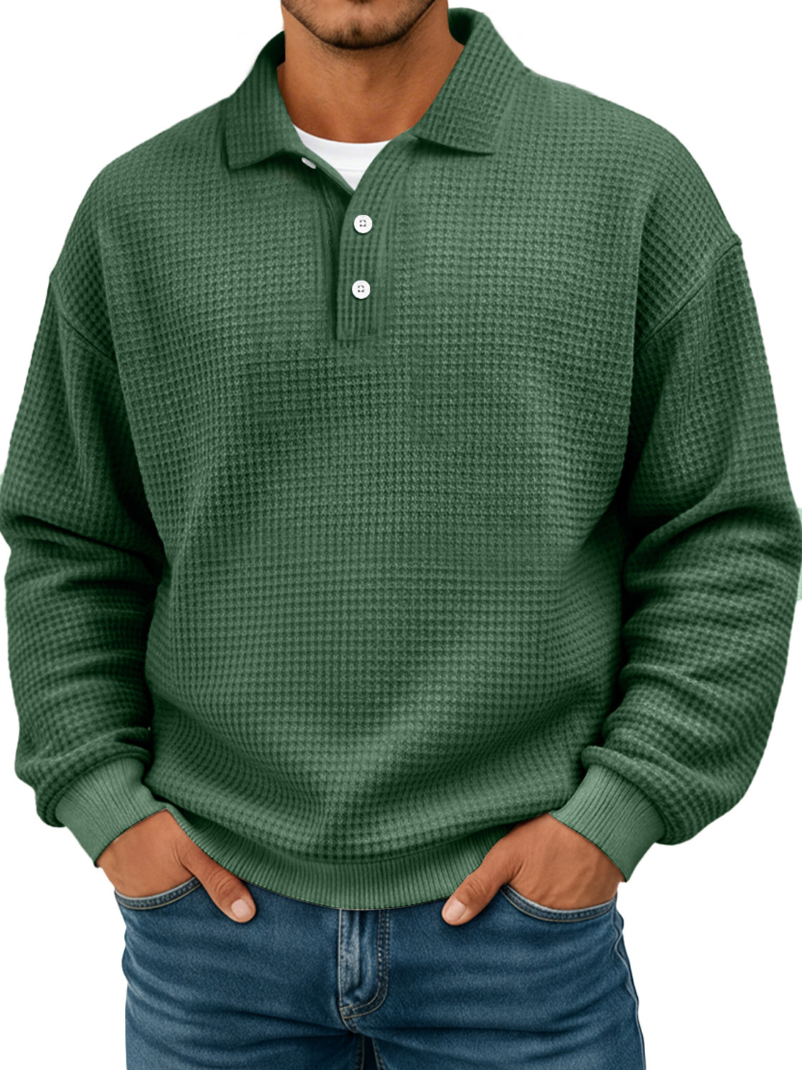 Simple waffle texture lapel button casual long-sleeved POLO shirt-tidenox