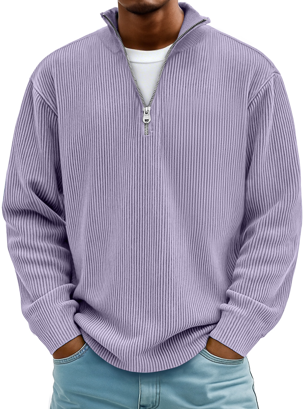 Men's Simple Casual Ribbed Stand Collar Zipper Long Sleeve T-shirt-tidenox