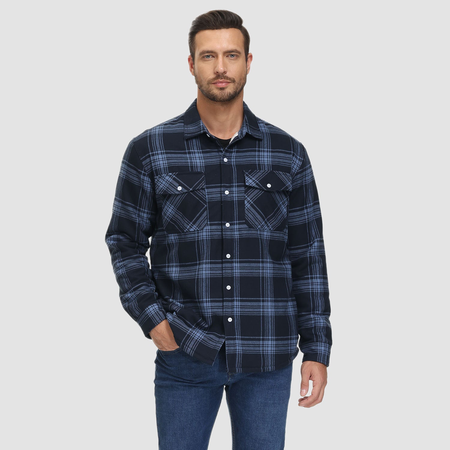 Men's Flannel Shirt Jacket - Fleece Lined Cotton Winter Coat-tidenox