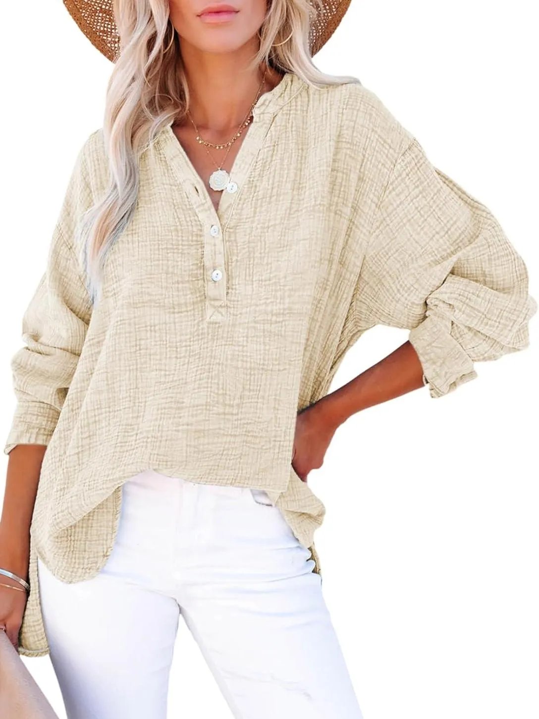 Womens Casual Button V Neck Long Sleeve Shirts Oversized Solid Blouses Tops-tidenox