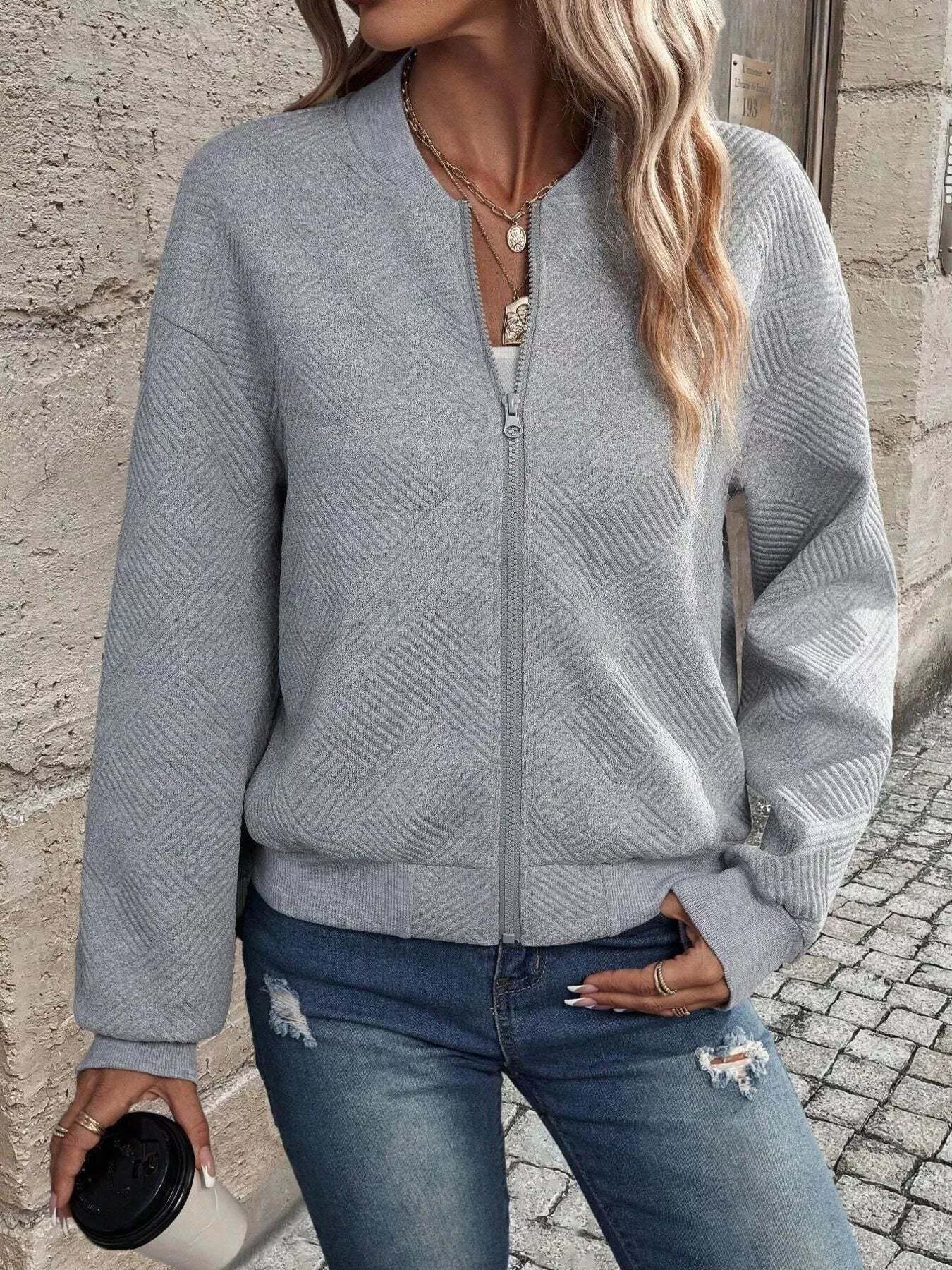 Full Size Zip Up Long Sleeve Textured Jacket Plus Size-tidenox
