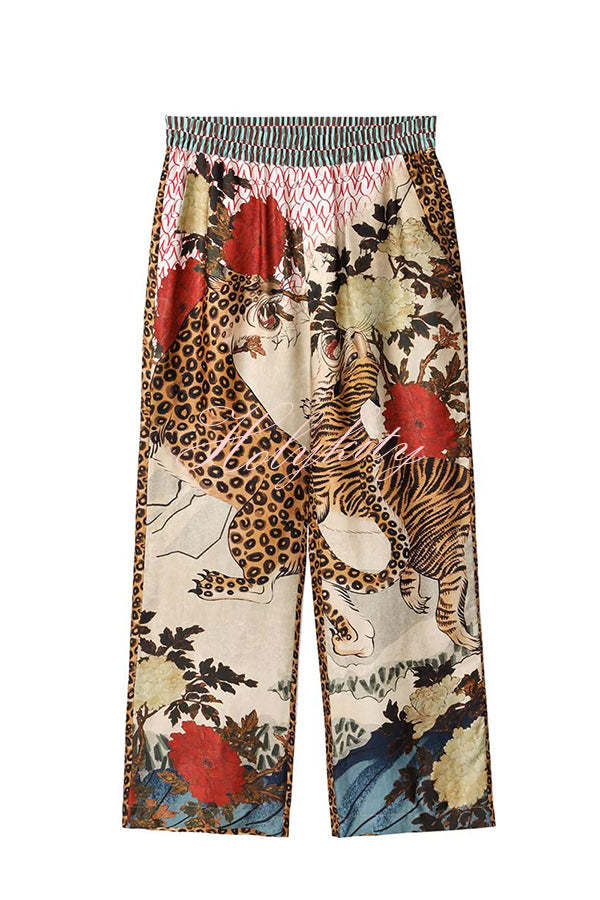Tropical Jungle Tiger Unique Print Long Sleeve Loose Shirt and Elastic Waist Pants Set-tidenox