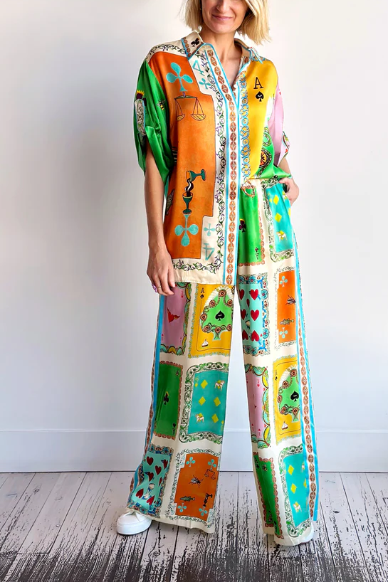 Funny Poker Summer Satin Unique Print Button Down Oversized Blouse-tidenox