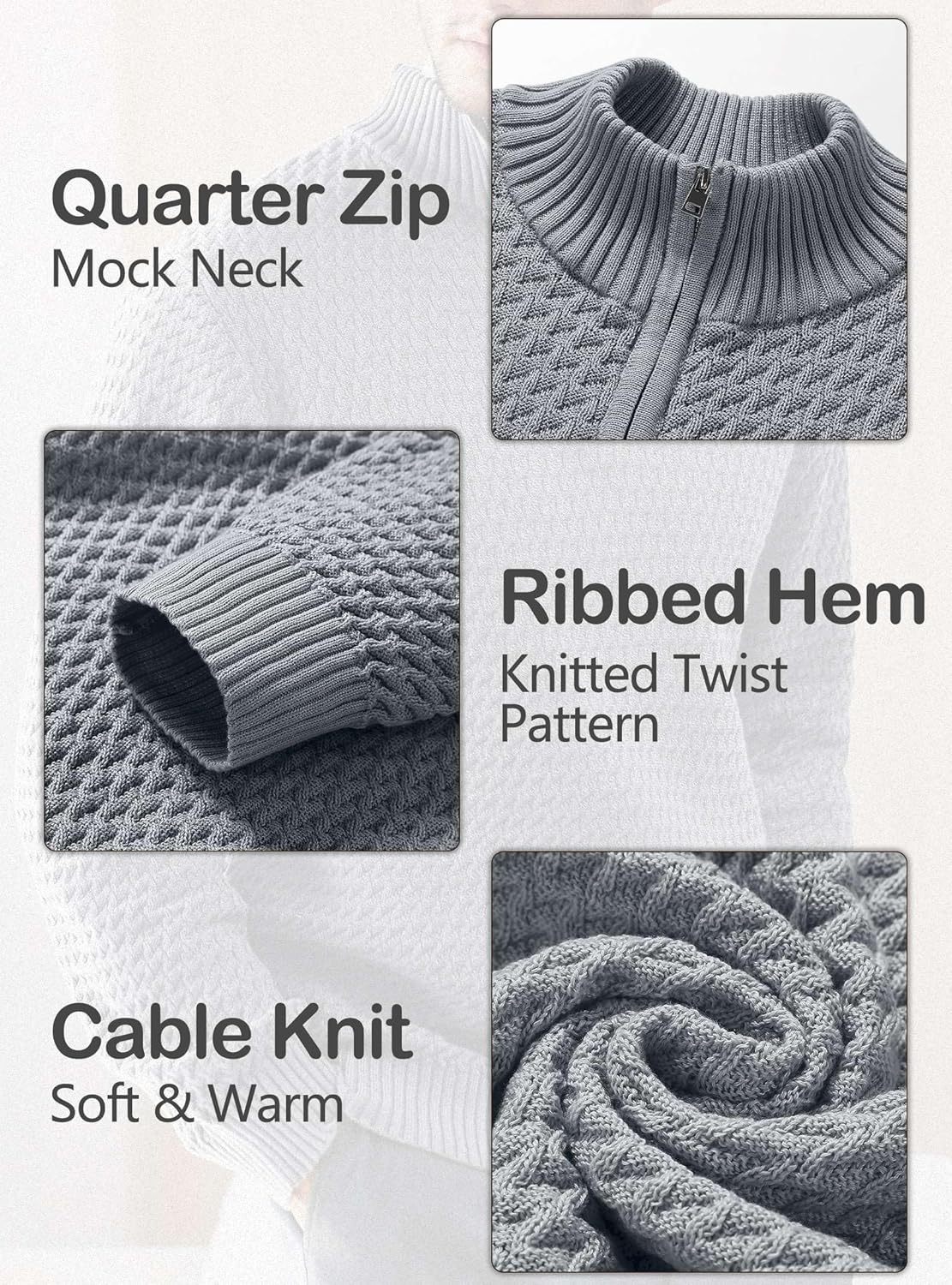 Men's Quarter Zip Sweater Mock Neck Pullover Ribbed Knit Casual Polo Sweaters-tidenox