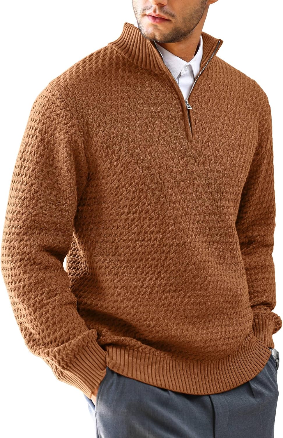 Men's Quarter Zip Sweater Mock Neck Pullover Ribbed Knit Casual Polo Sweaters-tidenox