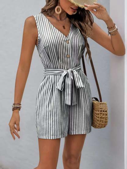 Striped V-neck Button Front Belted Romper-tidenox