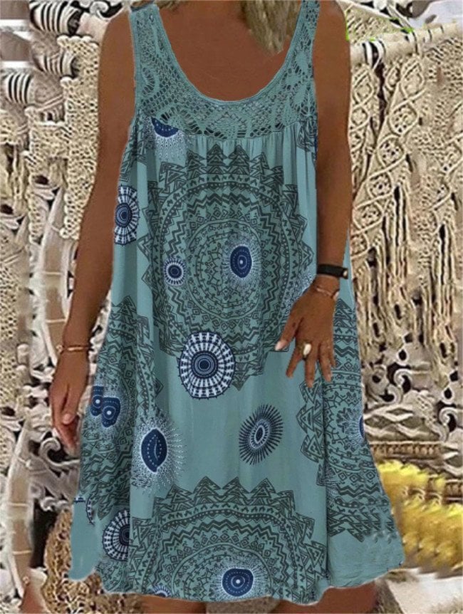 💥Women Summer O-Neck Sleeveless Print Dress-tidenox