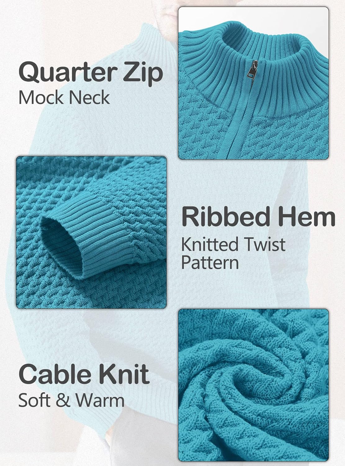 Men's Quarter Zip Sweater Mock Neck Pullover Ribbed Knit Casual Polo Sweaters-tidenox