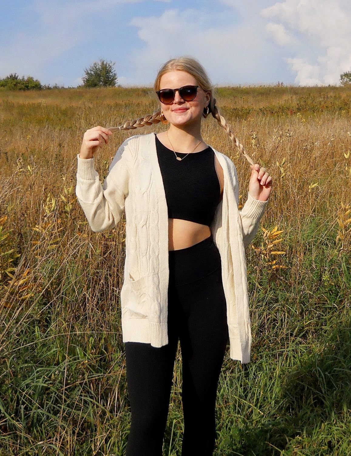 Zeagoo Women's Oversized Cardigan Cable Knit V Neck Sweater-tidenox