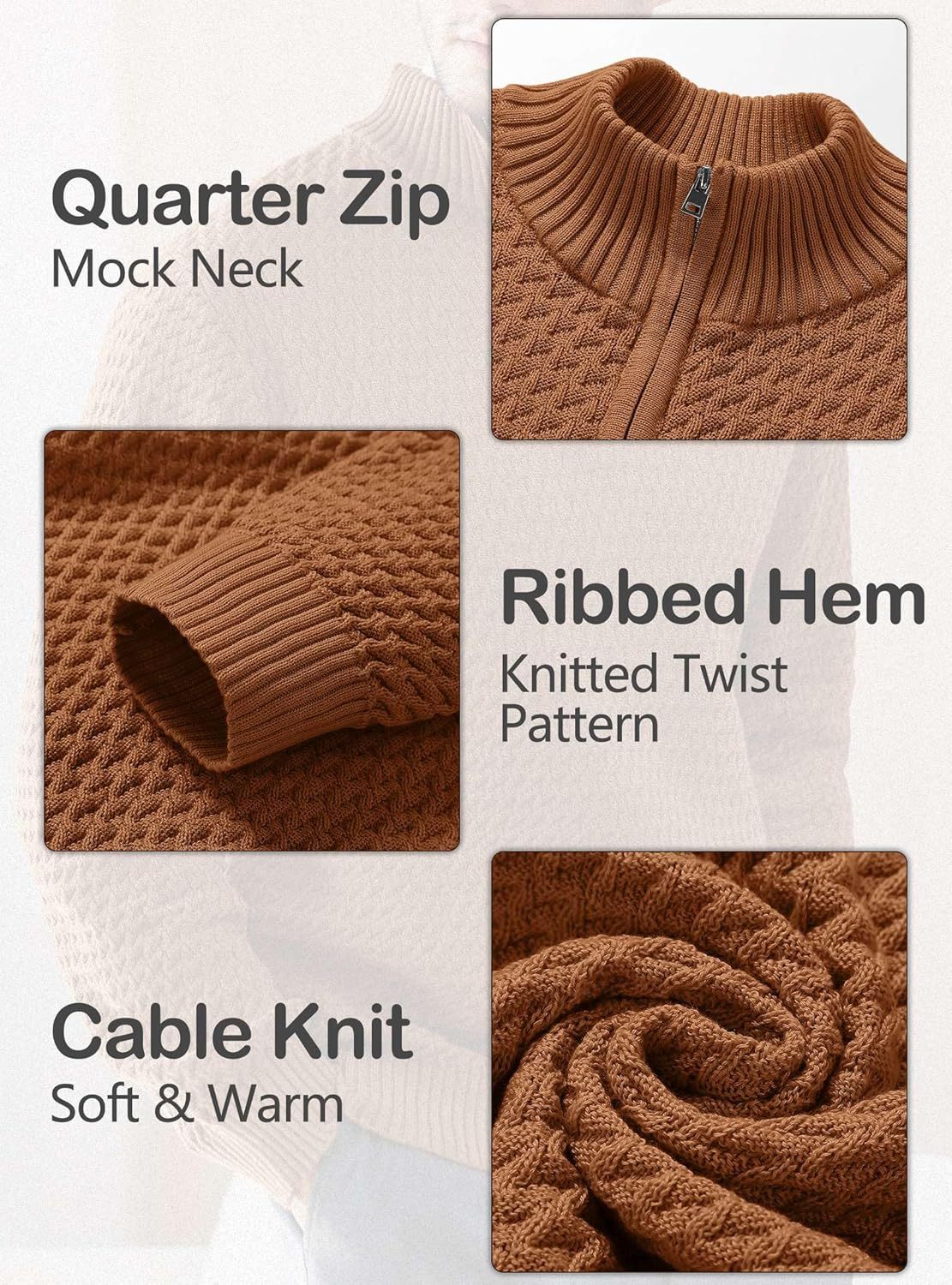 Men's Quarter Zip Sweater Mock Neck Pullover Ribbed Knit Casual Polo Sweaters-tidenox