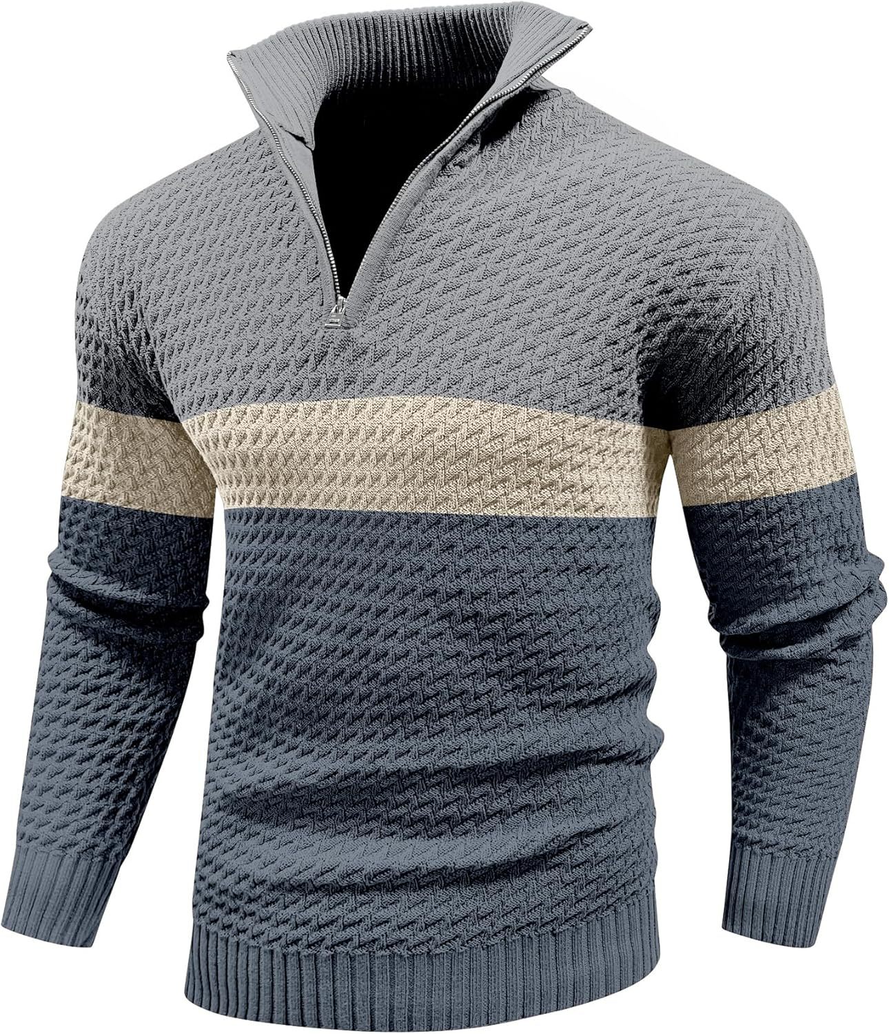 Men's Quarter Zip Sweater Mock Neck Pullover Ribbed Knit Casual Polo Sweaters-tidenox