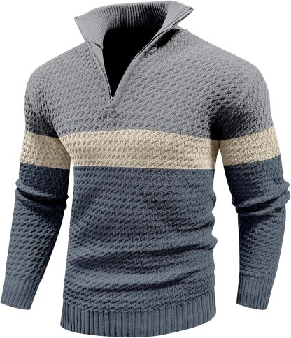 Men's Quarter Zip Sweater Mock Neck Pullover Ribbed Knit Casual Polo Sweaters-tidenox