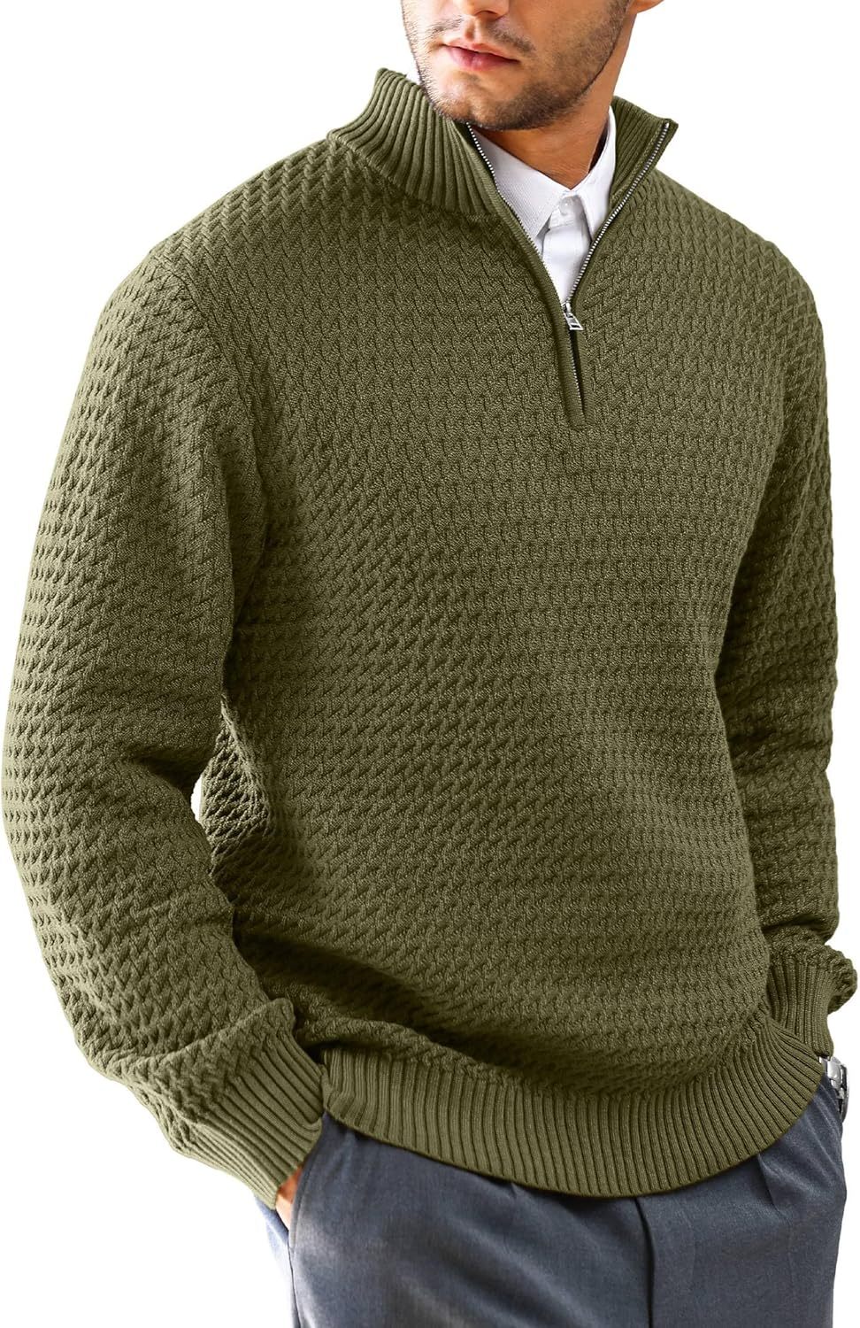 Men's Quarter Zip Sweater Mock Neck Pullover Ribbed Knit Casual Polo Sweaters-tidenox