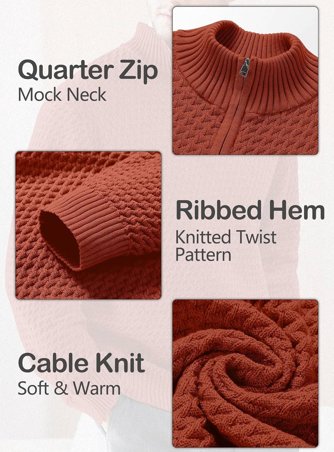 Men's Quarter Zip Sweater Mock Neck Pullover Ribbed Knit Casual Polo Sweaters-tidenox