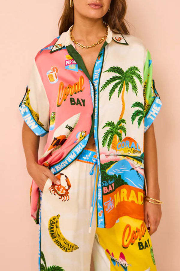 Kissed By The Sun Satin Unique Print Colorblock Button Down Oversized Blouse-tidenox
