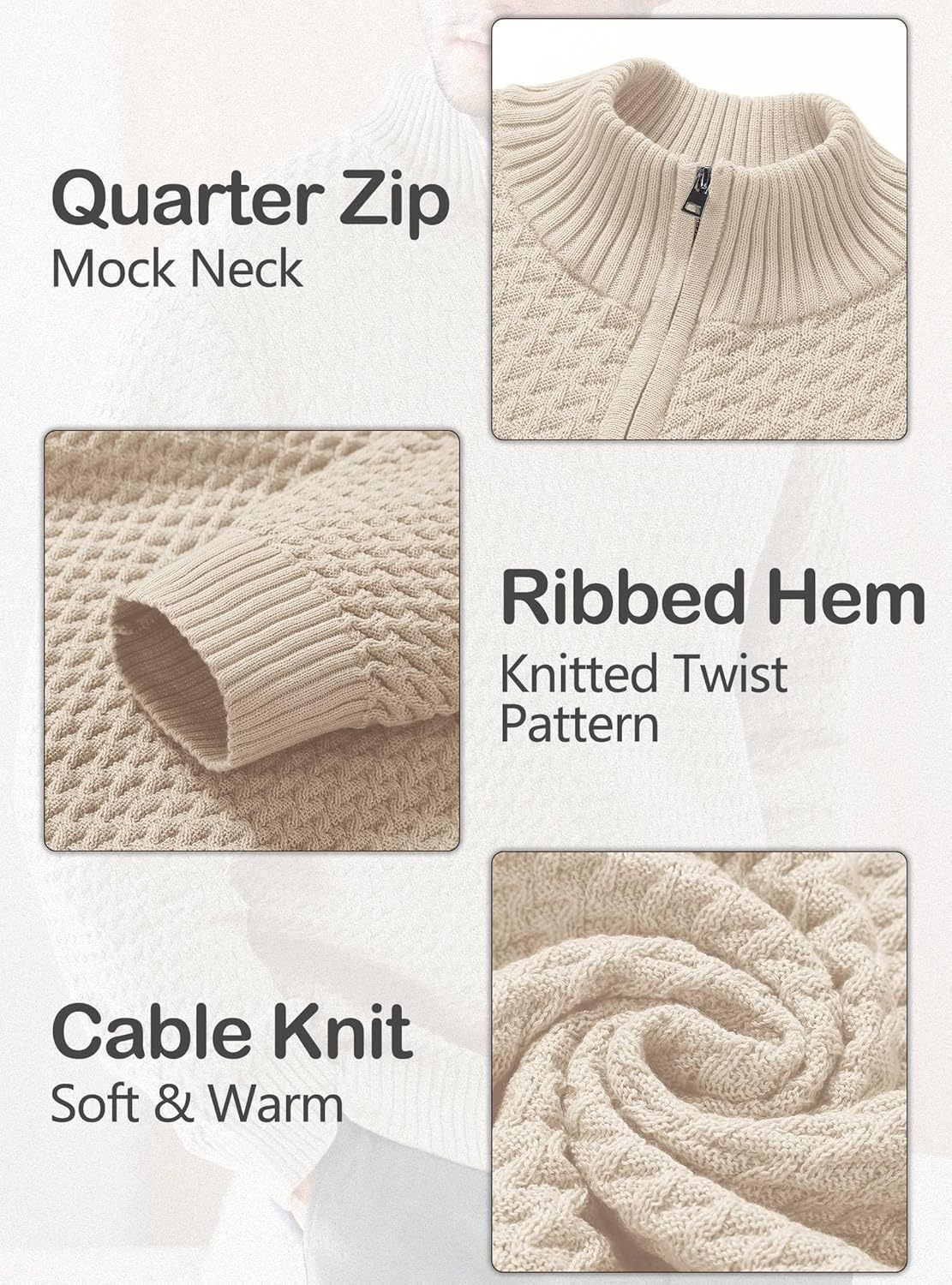 Men's Quarter Zip Sweater Mock Neck Pullover Ribbed Knit Casual Polo Sweaters-tidenox