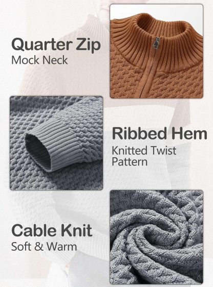 Men's Quarter Zip Sweater Mock Neck Pullover Ribbed Knit Casual Polo Sweaters-tidenox