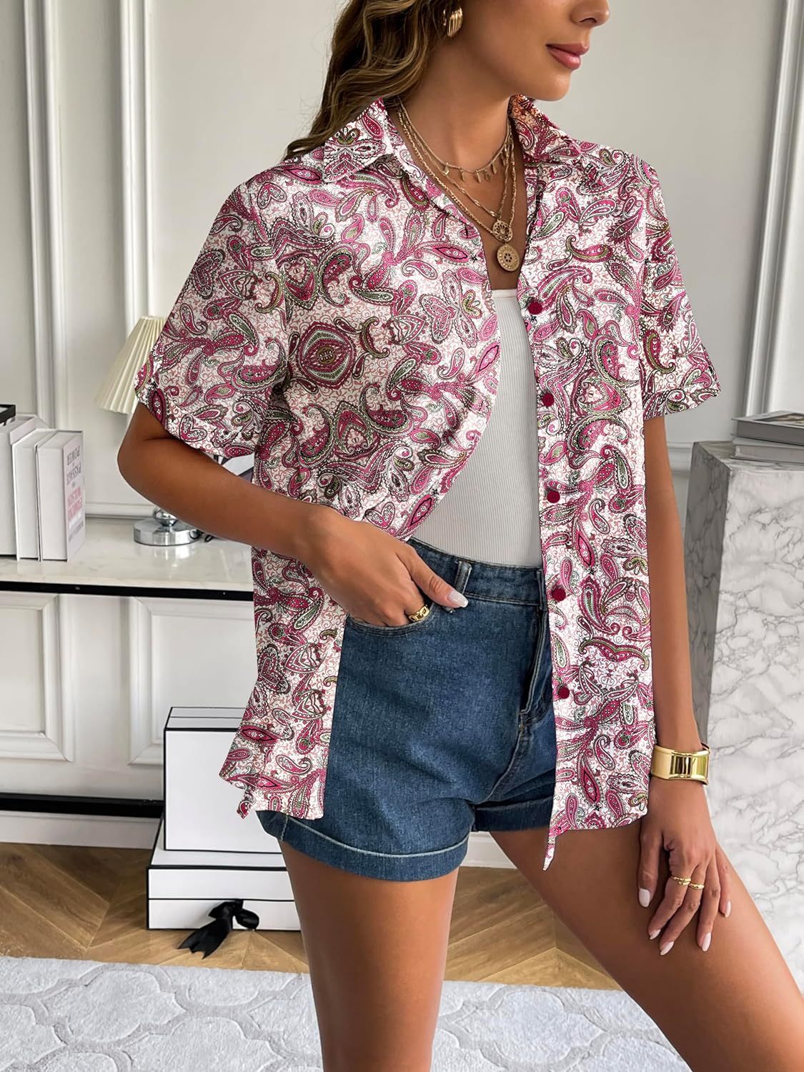 Zeagoo Women Linen Button Down Shirt Rolled Cuffed Short Sleeve Blouse Ladies Summer Casual V Neck Beach Cotton Tops-tidenox