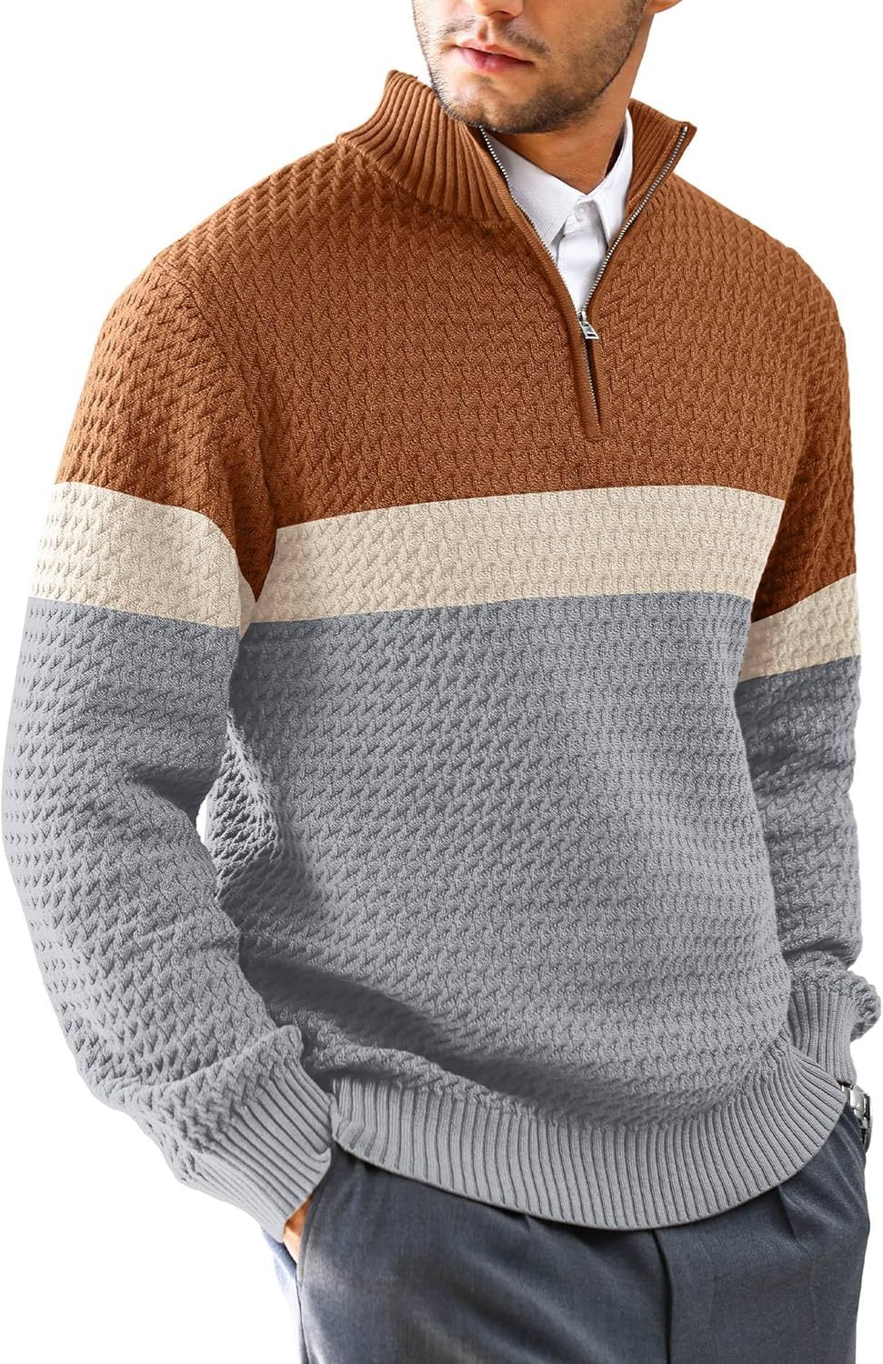 Men's Quarter Zip Sweater Mock Neck Pullover Ribbed Knit Casual Polo Sweaters-tidenox