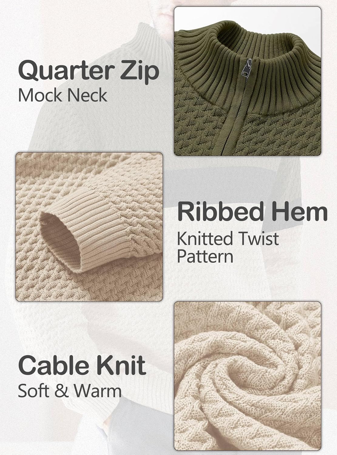 Men's Quarter Zip Sweater Mock Neck Pullover Ribbed Knit Casual Polo Sweaters-tidenox