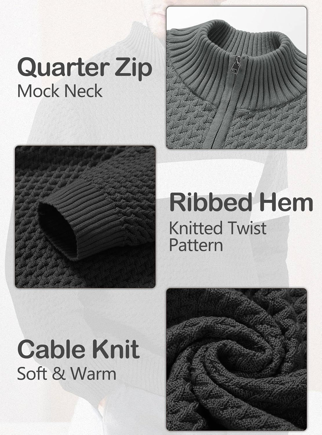 Men's Quarter Zip Sweater Mock Neck Pullover Ribbed Knit Casual Polo Sweaters-tidenox