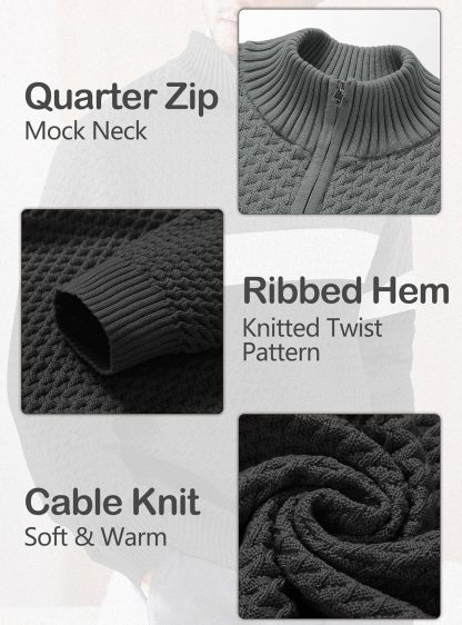 Men's Quarter Zip Sweater Mock Neck Pullover Ribbed Knit Casual Polo Sweaters-tidenox