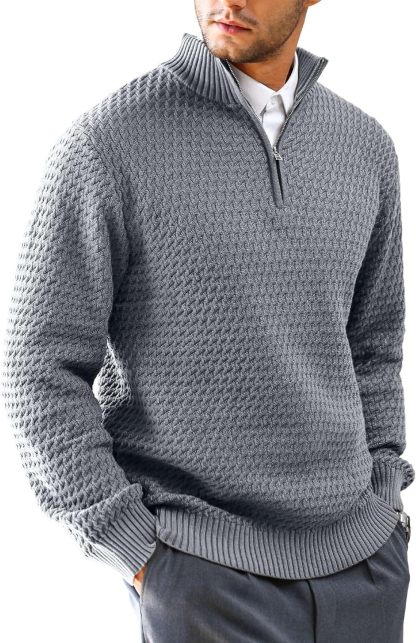 Men's Quarter Zip Sweater Mock Neck Pullover Ribbed Knit Casual Polo Sweaters-tidenox