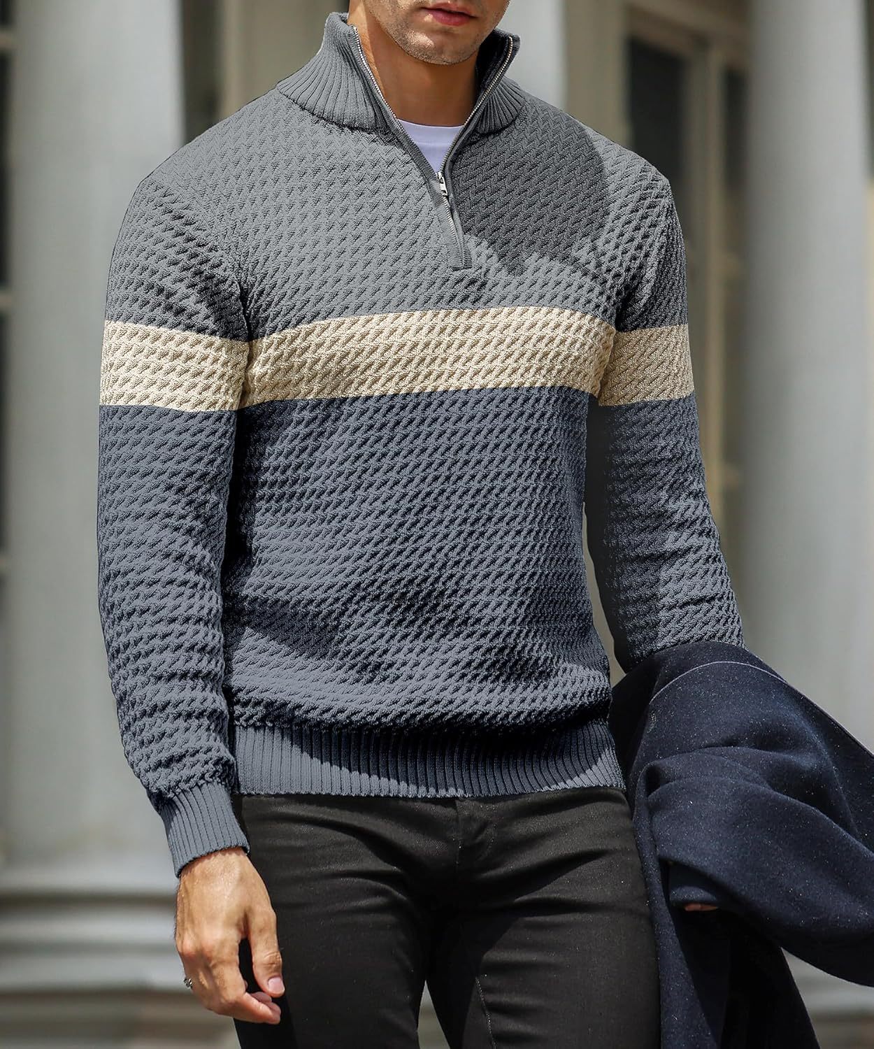 Men's Quarter Zip Sweater Mock Neck Pullover Ribbed Knit Casual Polo Sweaters-tidenox