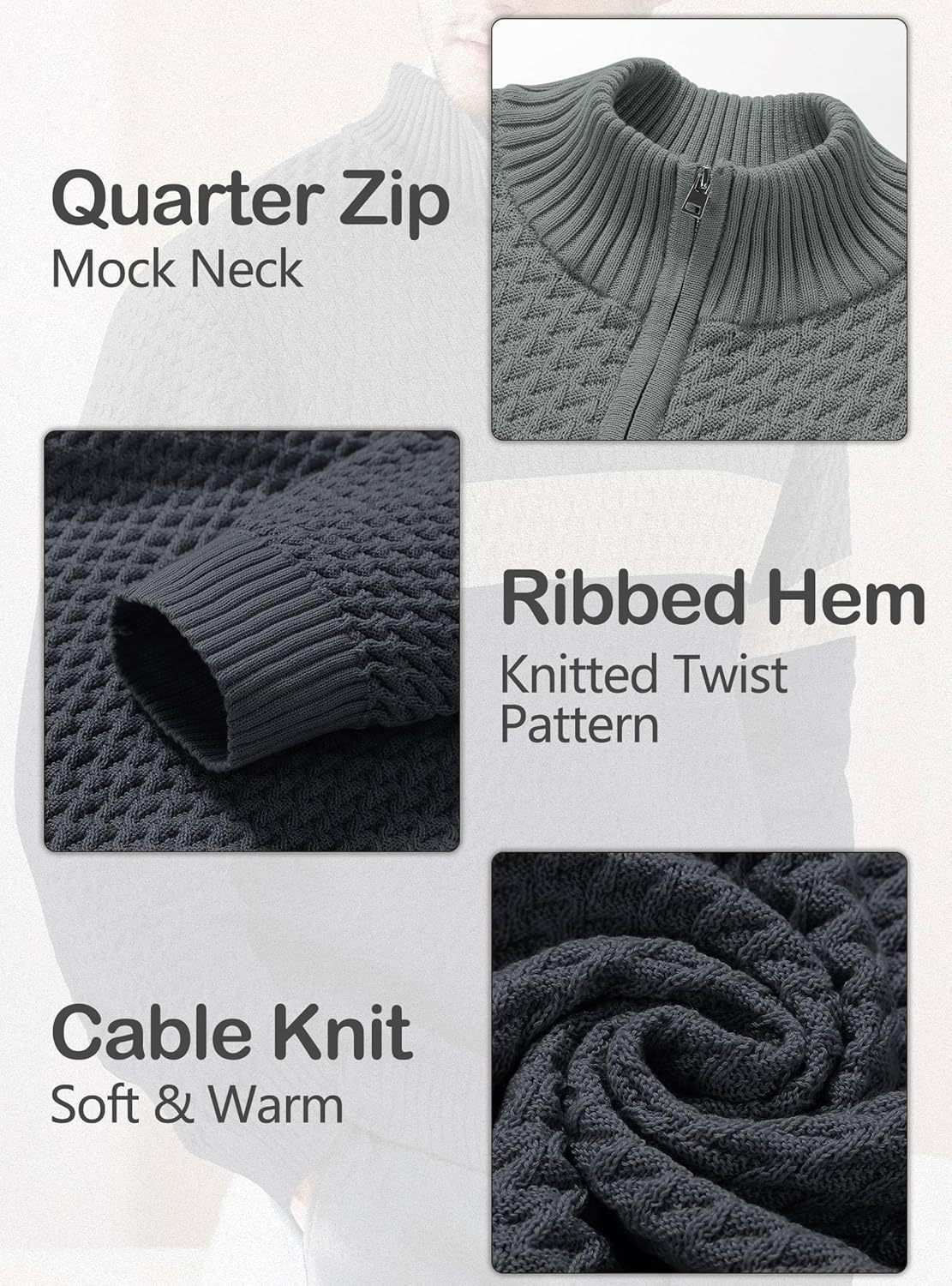 Men's Quarter Zip Sweater Mock Neck Pullover Ribbed Knit Casual Polo Sweaters-tidenox