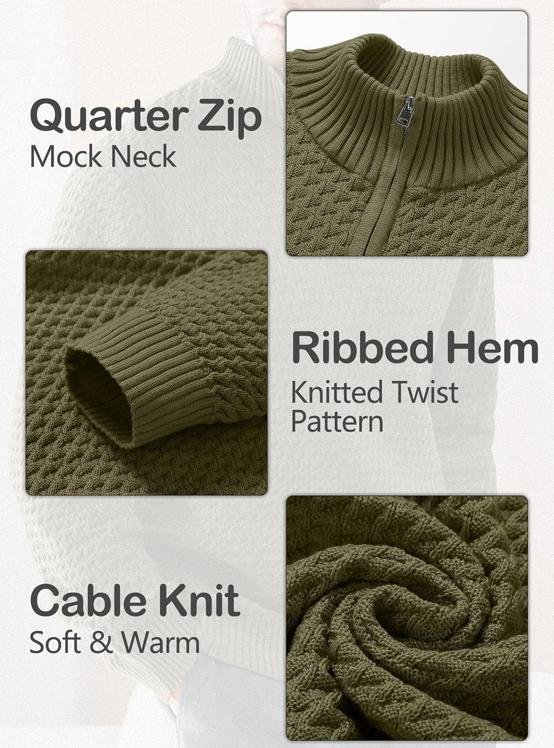 Men's Quarter Zip Sweater Mock Neck Pullover Ribbed Knit Casual Polo Sweaters-tidenox