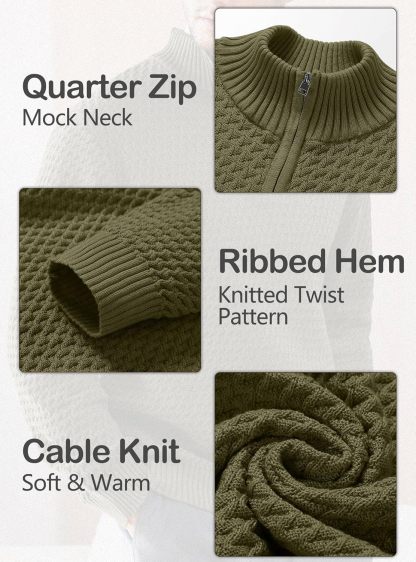 Men's Quarter Zip Sweater Mock Neck Pullover Ribbed Knit Casual Polo Sweaters-tidenox