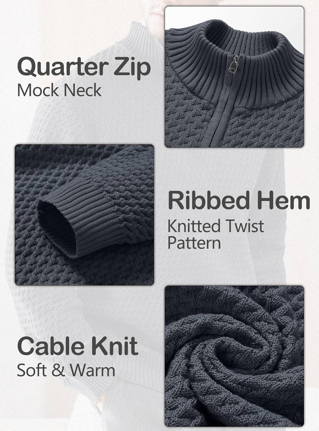 Men's Quarter Zip Sweater Mock Neck Pullover Ribbed Knit Casual Polo Sweaters-tidenox