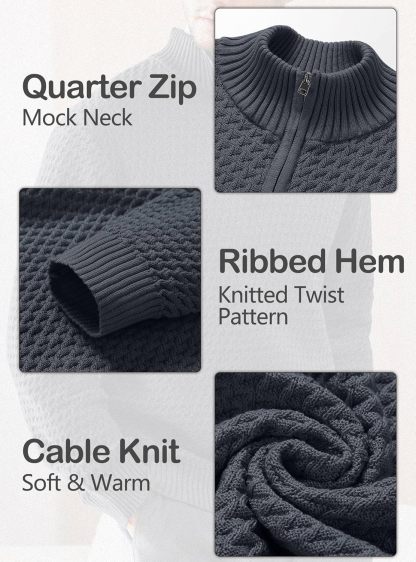 Men's Quarter Zip Sweater Mock Neck Pullover Ribbed Knit Casual Polo Sweaters-tidenox