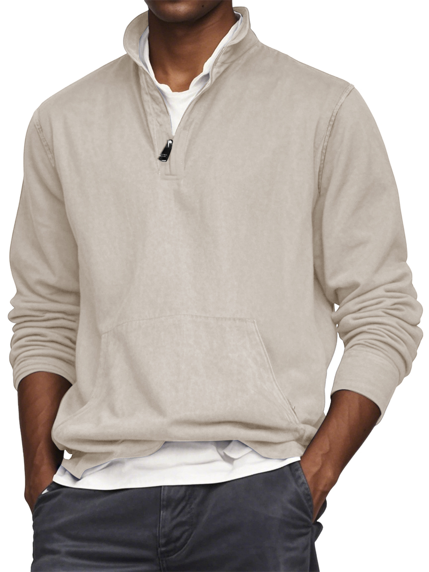 Men's Quarter Zip Pocket Washed Distressed Vintage Long Sleeve T-shirt-tidenox