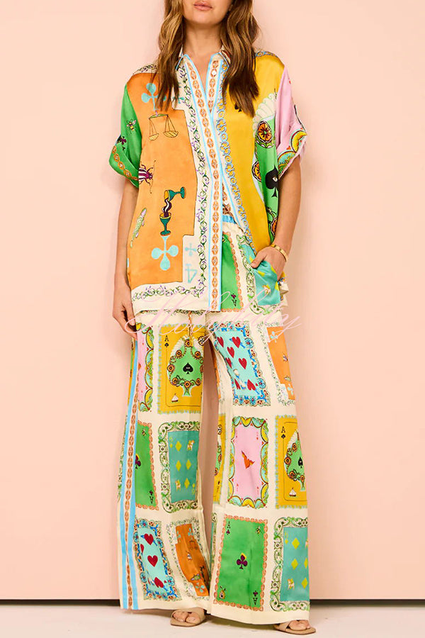 Funny Poker Summer Satin Unique Print Elastic Waist Pocketed Wide Leg Pants-tidenox