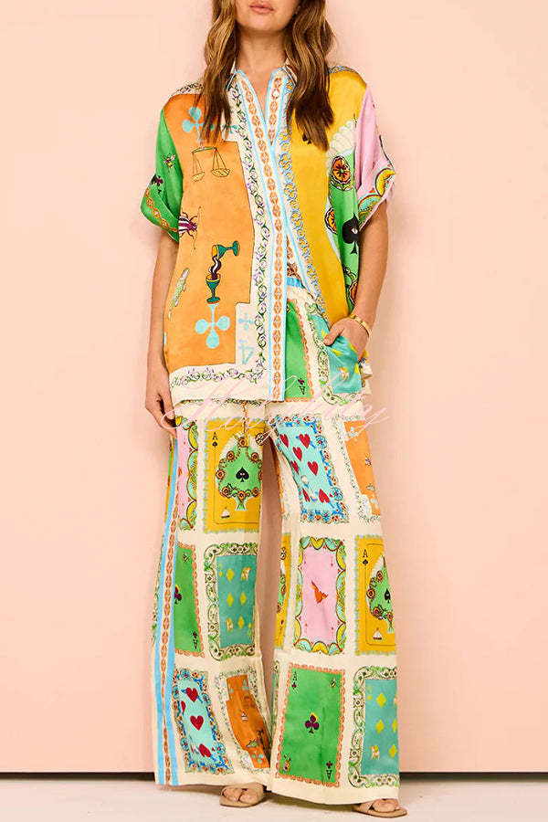 Funny Poker Summer Satin Unique Print Elastic Waist Pocketed Wide Leg Pants-tidenox