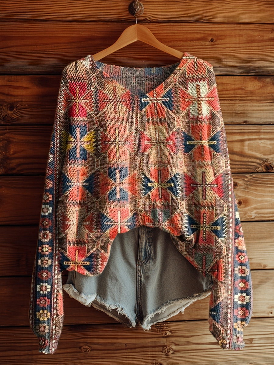 Women's National Totem Print Casual V Neck Pullover Sweater-tidenox