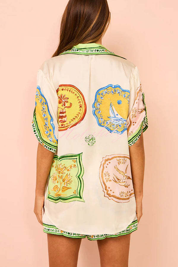 Tropical Escapes Satin Unique Print Shirt and Elastic Waist Pocketed Button Shorts Set-tidenox