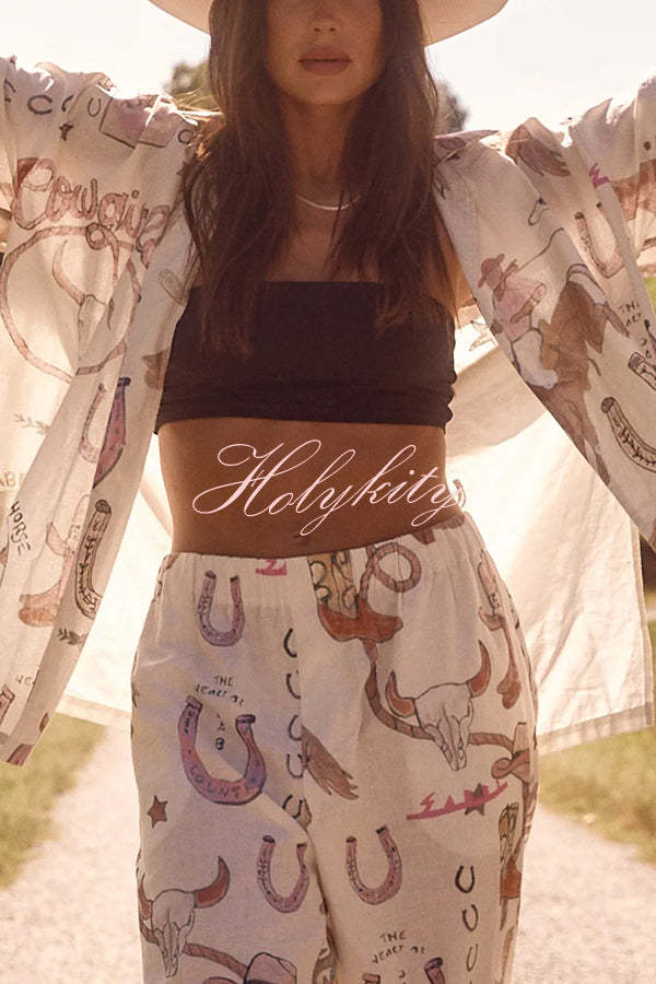 Linen Blend Unique Printed Short-sleeved Shirt and Elastic Waisted Baggy Pants Set-tidenox