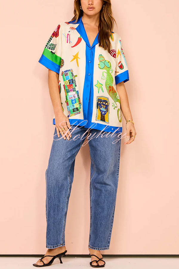 Vibrant Beach Satin Unique Print Colorblock Trim Button Down Oversized Blouse-tidenox