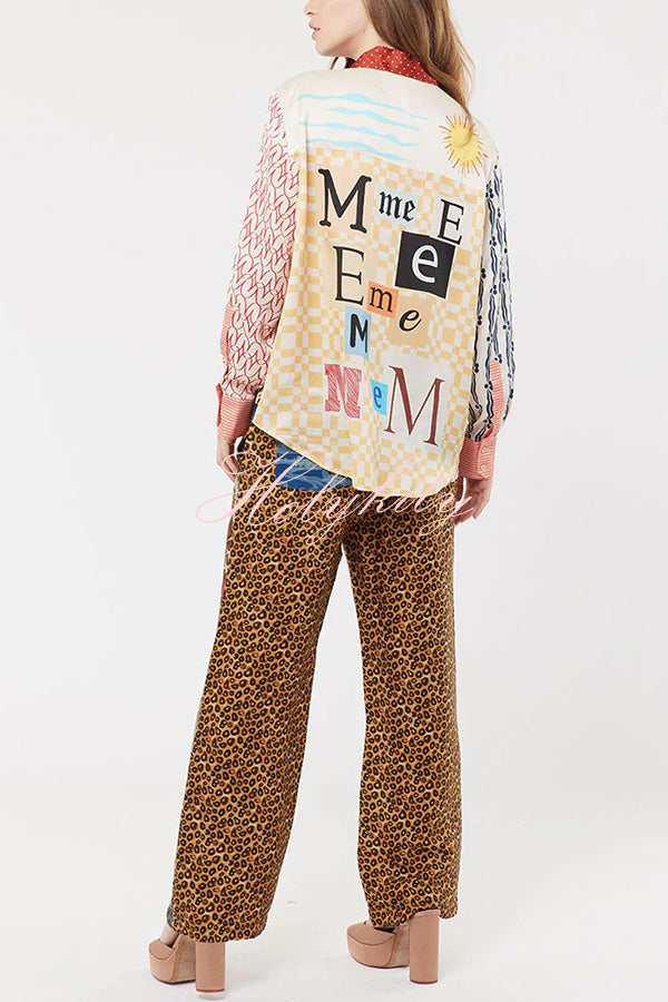 Tropical Jungle Tiger Unique Print Long Sleeve Loose Shirt and Elastic Waist Pants Set-tidenox