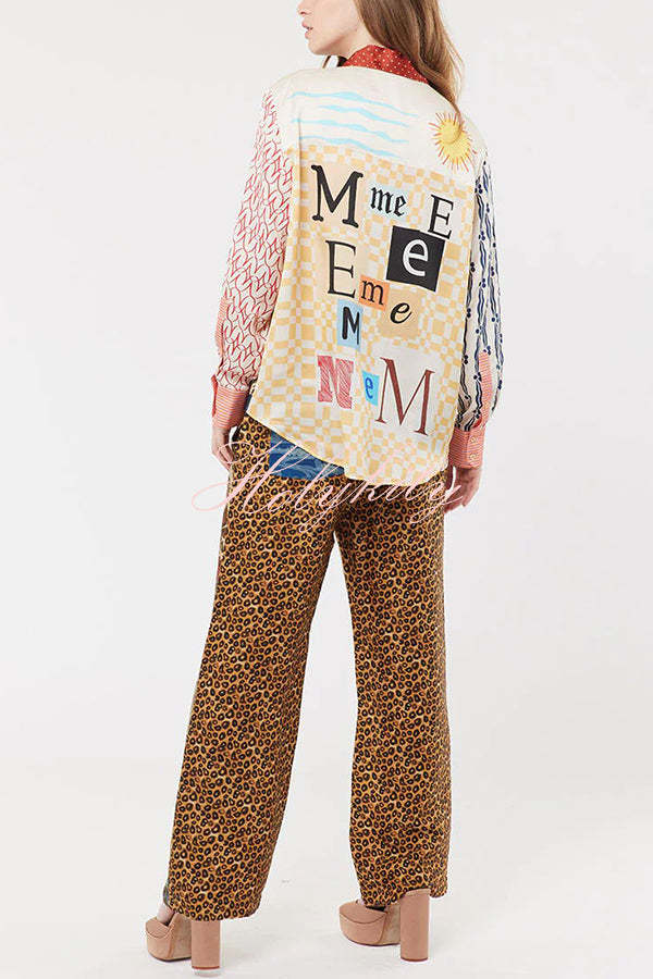 Tropical Jungle Tiger Unique Print Long Sleeve Loose Shirt and Elastic Waist Pants Set-tidenox